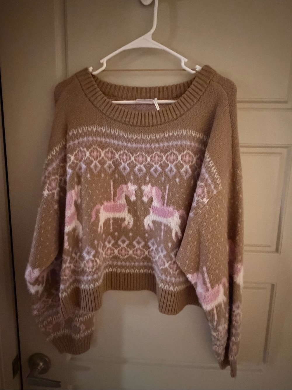 Urban Outfitters Camel & Pink Fair Isle Unicorn Crewneck Sweater